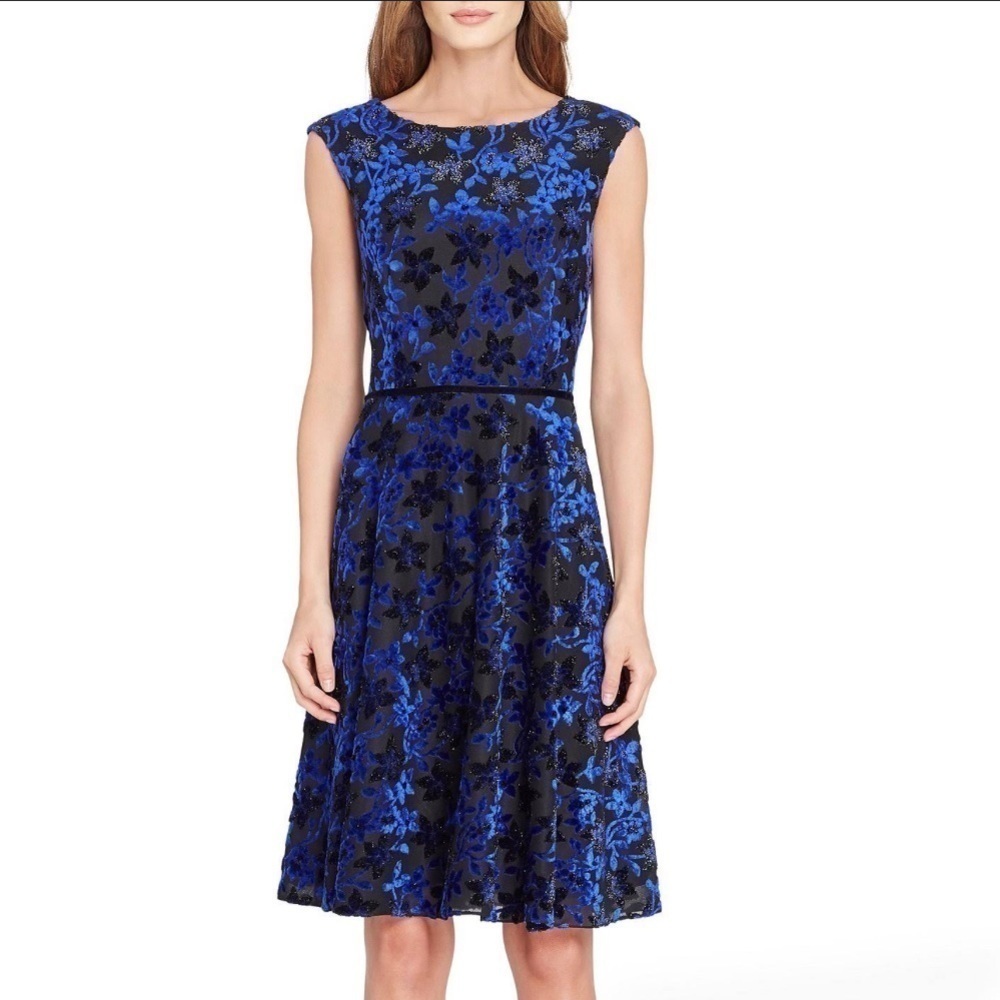 Tahari Sleeveless Fit & Flare Velvet Floral Burnout Dress Blue/Black Women’s 14